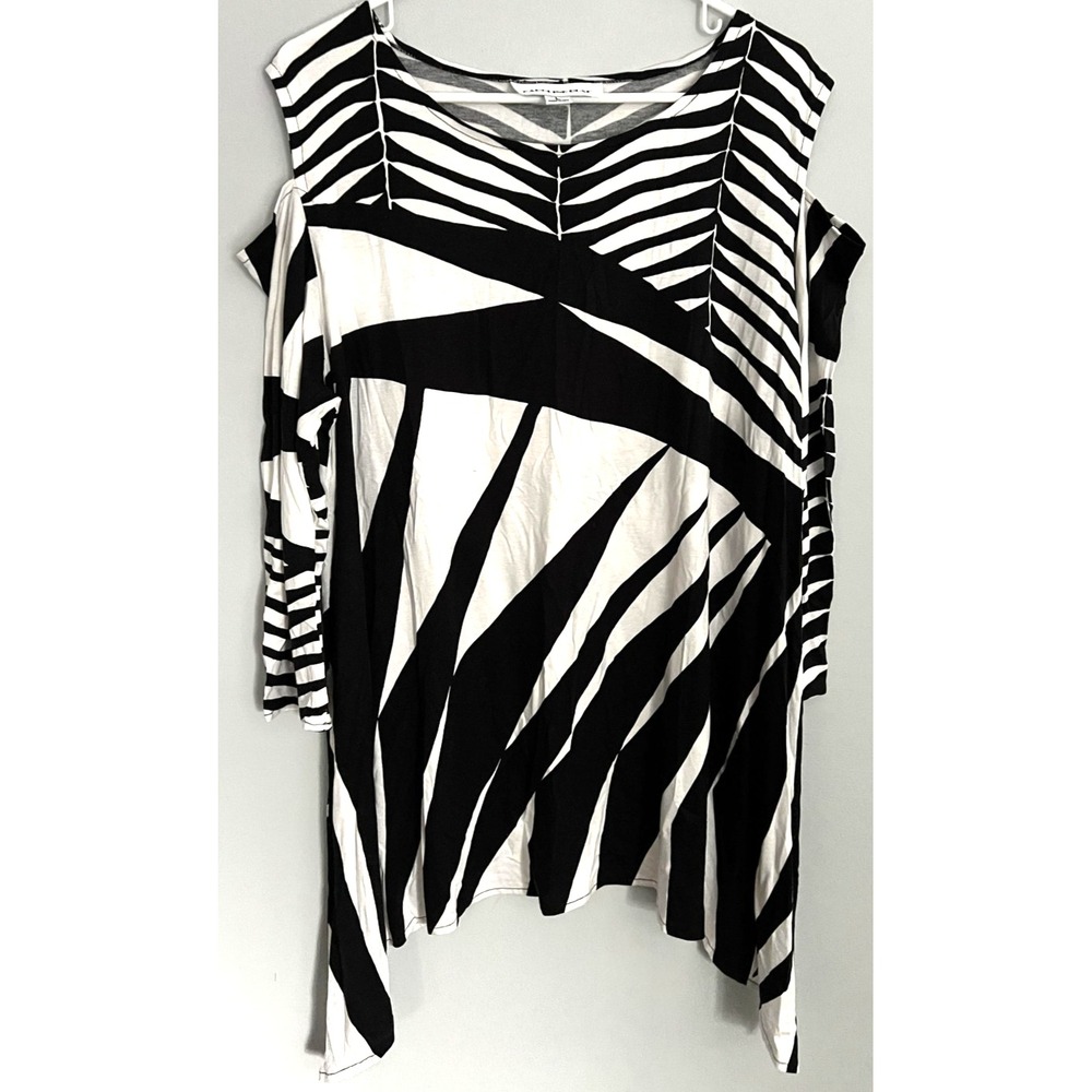 Caroline Rose Shirt Womens L Oversize Blk/Wht Abstract Stripe Cold Shoulder USA